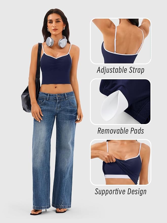 Longline Padded Sports Bra Workout Top for Women, Adjustable Straps Backless Crop Top Push Up Yoga Running Tank Top