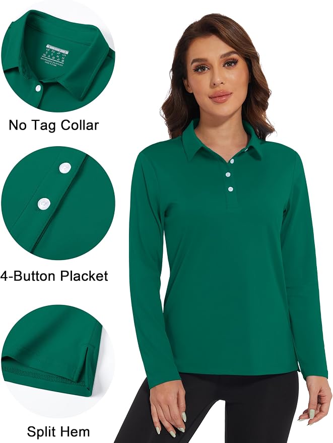 MAGCOMSEN Long Sleeve Polo Shirts for Women Golf Tops with Collar Work | UPF 50+ Sun Protection, 4 Buttons, Moisture Wicking, Breathable, 4-Way Stretch, Collared, Quick Dry, Active, Casual, Tennis