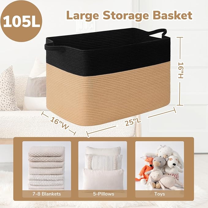 Goodpick 105L Extra Large Woven Blanket Basket Cotton Rope Storage Baskets for Organizing, Kids Toy Storage Organizer for Living Room Nursery, 25"x16"x16", Black & Jute
