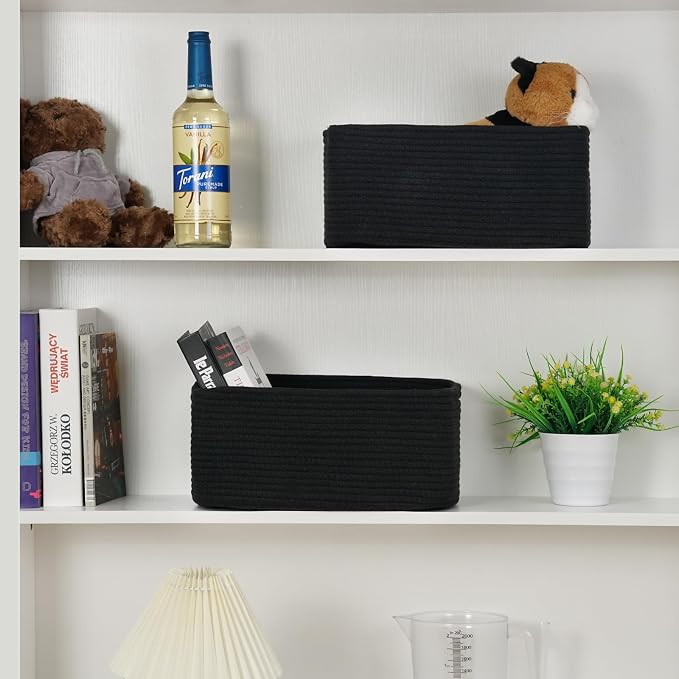 3 Pack Small Storage Baskets for Organizing, 11.8×7.8×5.1", Black | Woven Baskets for shelves, Cotton Rope Basket for Gifts Empty, Closet Organizer Bins with Handles, Cube Decorative Box