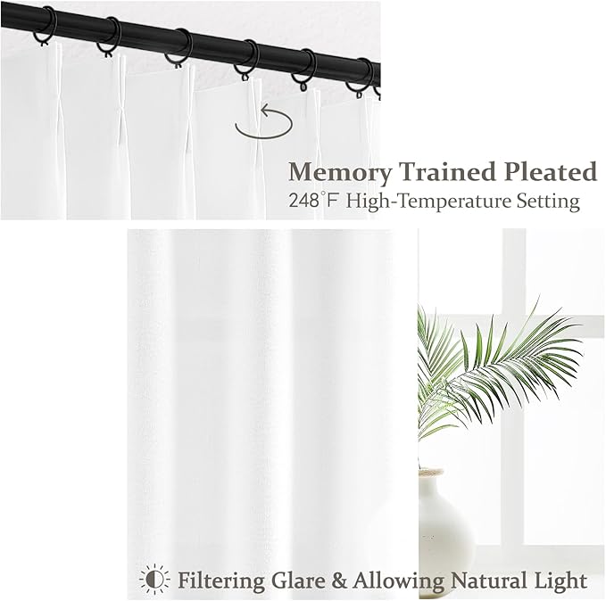 White Linen Curtains 102 Inches Long Tall for Living Room,Semi Sheer Pinch Pleated Curtain for Sliding Door Modern Neutral Light Filtering Privacy Drape with Hooks for Track System W40 xL102 2 Panels