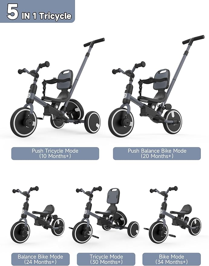 besrey Toddler Bike 1-3 Years Old,Toddler Tricycle with Spare Wheel,5 in 1 Kids Trike with Push Handle,Backrest and Safety Belt,Balance Bike 1+ Year Old,Birthday Gift and Toy for Boys and Girls