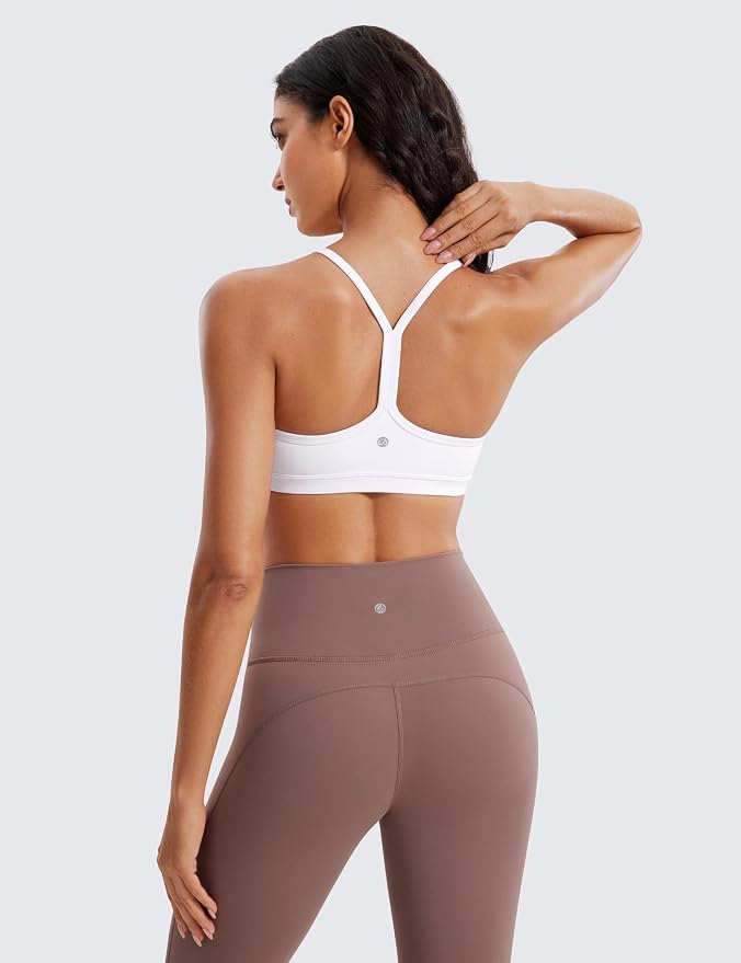 CRZ YOGA Butterluxe Ruched Sports Bras for Women - V Neck Spaghetti Thin Strap Y Back Wireless Padded Yoga Crop Top