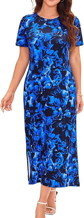 Naggoo Women's Casual T Shirt Midi Dress with Side Slit and Pockets
