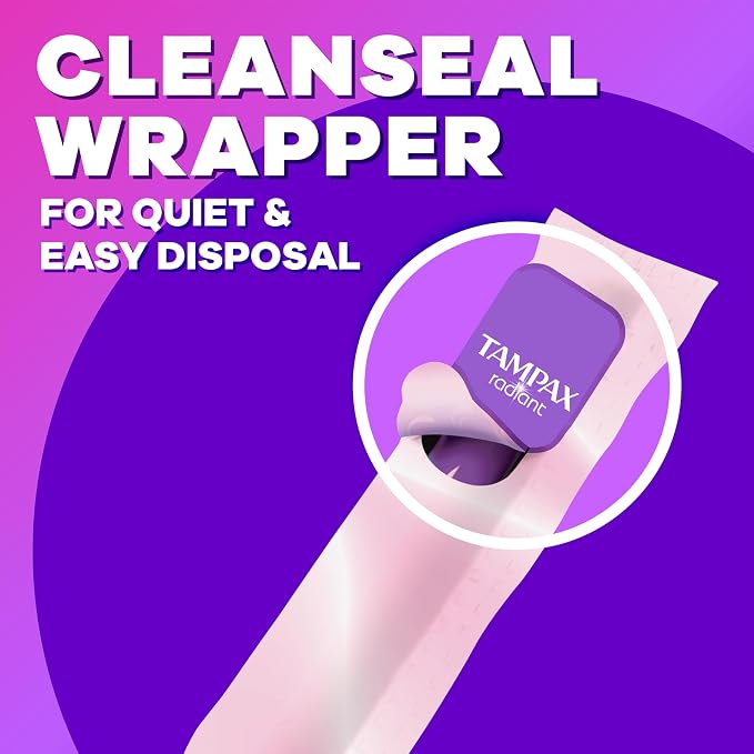 Tampax Compact Radiant Tampons for Women Multipack, with LeakGuard Braid & Extendable Applicator, Regular/Super Absorbency, Unscented, 84 Count (Pack of 2)