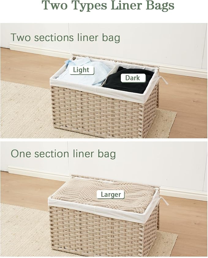 SETVSON Storage Basket with Lid 160L Wicker Baskets Storage Light Khaki | Divided Clothes Organizer,42.3 Gallon Dual Lid Jumbo Blanket Storage Trunk, 2 Washable Liner Bags, Collapsible PE Rattan Bin