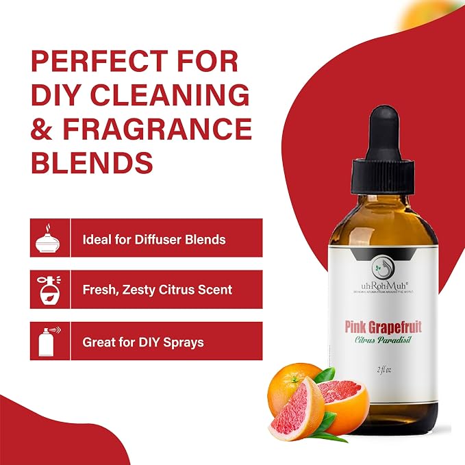 Pink Grapefruit Essential Oil Cold Pressed Citrus Paradisi Peel Oil Fresh Citrus Aroma Top Note Essential Oil for Aromatherapy Diffuser Skincare Haircare and Natural DIY Cosmetic Blends - 2 Fl oz