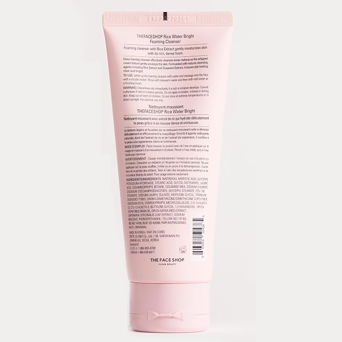The Face Shop Rice Water Bright Foaming Cleanser, Hydrating Korean Face Wash with Ceramides, Deep Pore Cleansing, All Skin Types, Gentle Skincare, Vegan, 5.0 fl. oz. (Pack of 2)