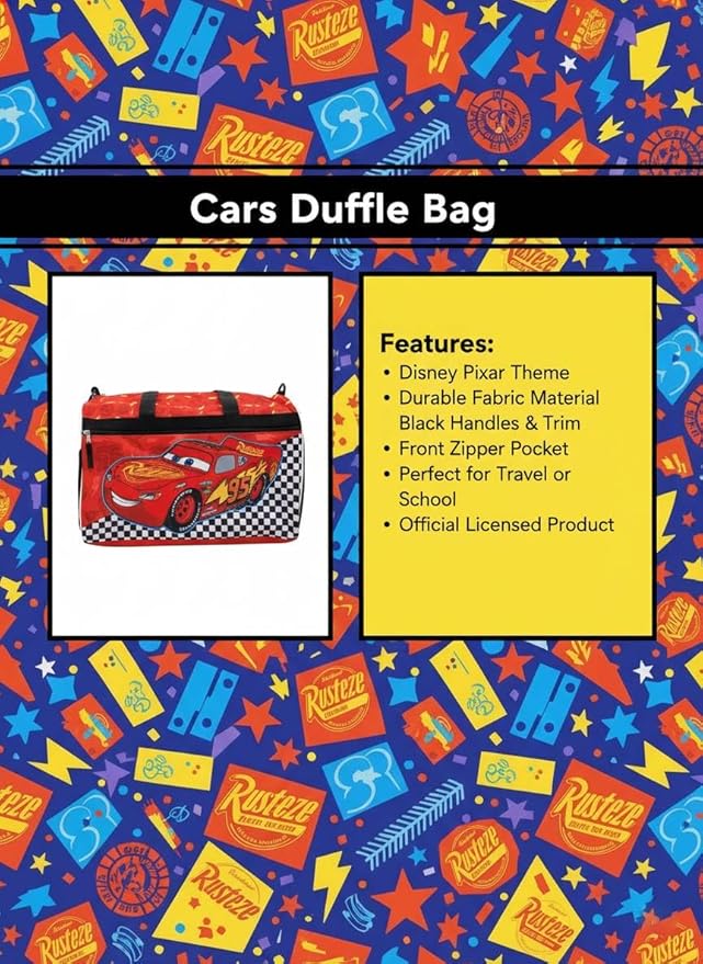 Disney Pixar Cars Kids’ Duffle Bag – Lightning McQueen Travel Gym Bag with Adjustable Strap, Mesh Side Pockets & Zipper Pocket