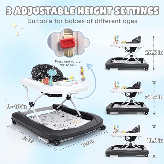 Baby Walker with Wheels, 5-in-1 Foldable Push Walker for Baby Boys 6-12 Months, Baby Walker & Bouncer Combo, Adjustable Height, Music Light Infant Activity Center Bouncer Walker(Black)