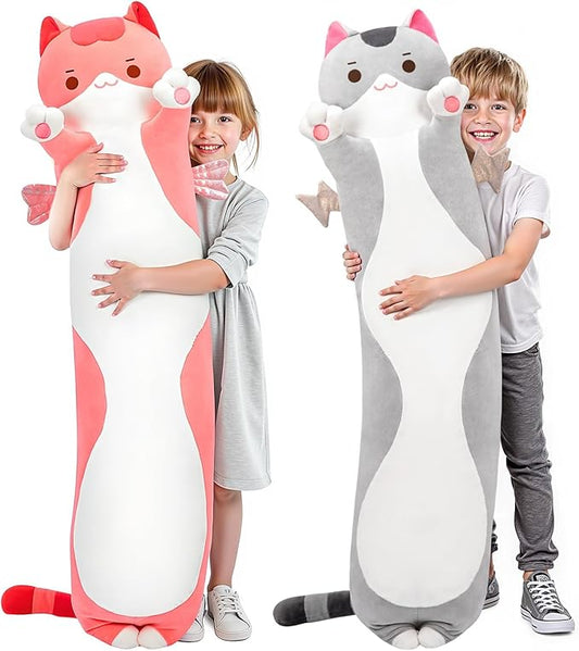 Long Cat Plush 5 Sizes, 120% Extra Filling Giant Plushness Kids Body Pillow, Kawaii Cute Pink Cat Stuffed Animals Plushies, Big Long Body Pillow Cat Plush Gift for Girls 28”