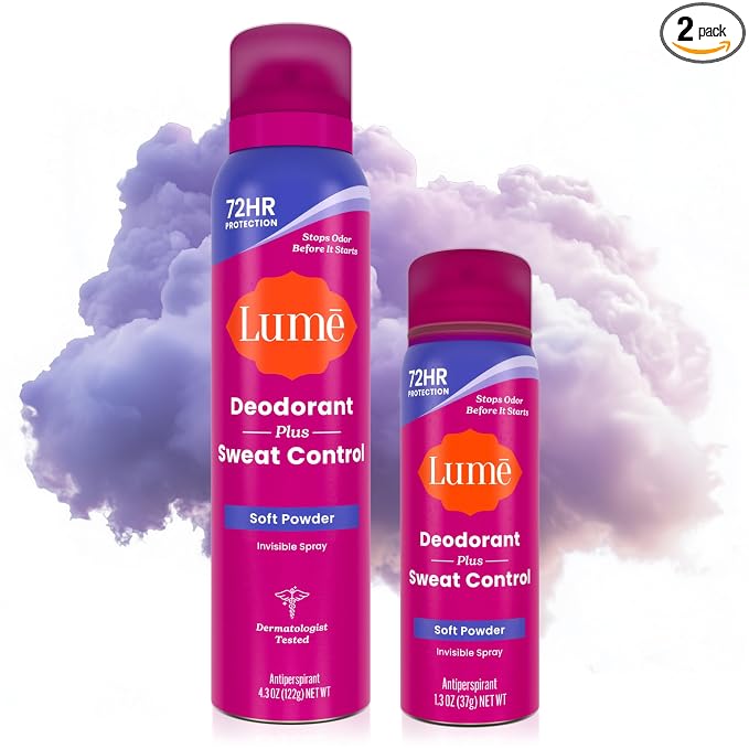 Lume Deodorant Plus Sweat Control - Invisible Spray - Extra Strength Antiperspirant For Underarms - 72 Hour Odor And Sweat Control - Baking Soda Free - Full Size + Mini 2 Pack (Soft Powder)