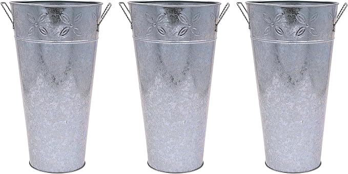 Hosley Set of 3 Galvanized Metal Vases, 12” Tall x 6.5” Dia French Bucket Style, Rustic Farmhouse Flower Vase for Weddings, Events, Home Décor