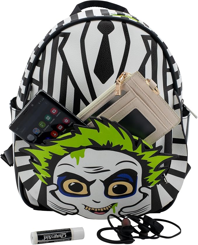AI ACCESSORY INNOVATIONS Beetlejuice Beetlejuice “It’s Showtime” Mini Cosplay PU Backpack Purse, Shoulder Bag, 10.5 Inch, Adjustable Straps, Faux Leather