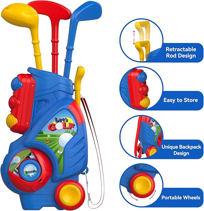 Liberry Toddler Golf Set for 2 3 4 5 Years Old Boys Girls, Upgraded Kids Golf Cart with Golf Cornhole Board & Putting Mat, Indoor and Outdoor Golf Toys Birthday Gift
