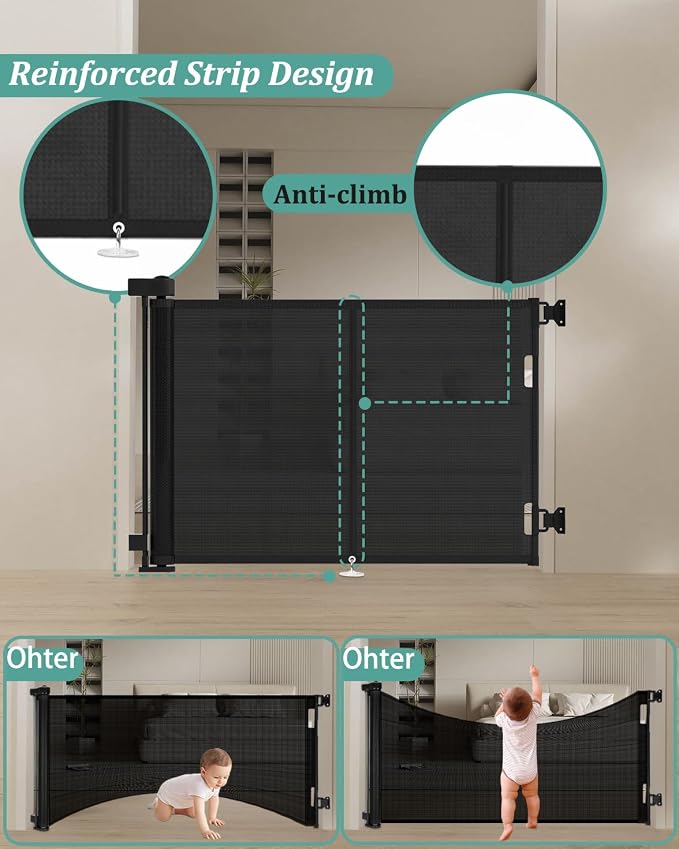 Miumoon 50 inch Retractable Baby Gates 34 inch Tall, Retractable Gate with Reinforced Strip Design to Prevent Crawling Through, Retractable Dog Gate for Stairs, Doorways, Hallways