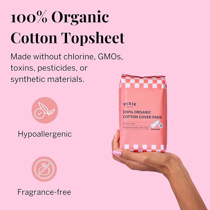 Pixie Organic Pads Ultra-Thin Extra Long Overnight Cotton Pads for Women – Maximum Absorbency with Wings – Leak-Proof, Hypoallergenic, Unscented, Postpartum – Compostable, Biodegradable – 24 Count