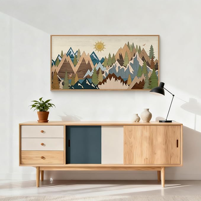 FWIEXA Large Mountain Woodcut Style Canvas Wall Art, Sunrise Pine Tree Wall Decor, Forest Animal Painting, Nature Wilderness Lake Landscape, 20x40In Rustic Artwork for Living Room, Bedroom, Bathroom