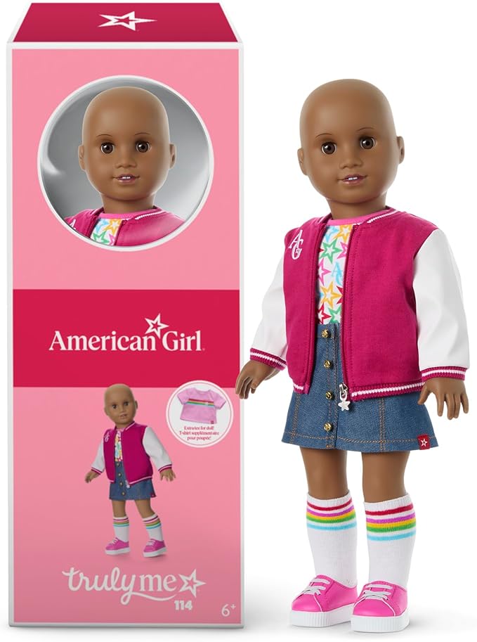 American Girl, Truly Me 18-inch Doll #114 with Brown Eyes, Without Hair, Deep Skin, Varsity Jacket, for Ages 6+