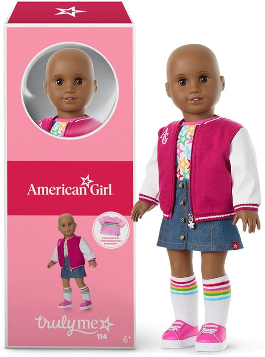 American Girl, Truly Me 18-inch Doll #114 with Brown Eyes, Without Hair, Deep Skin, Varsity Jacket, for Ages 6+