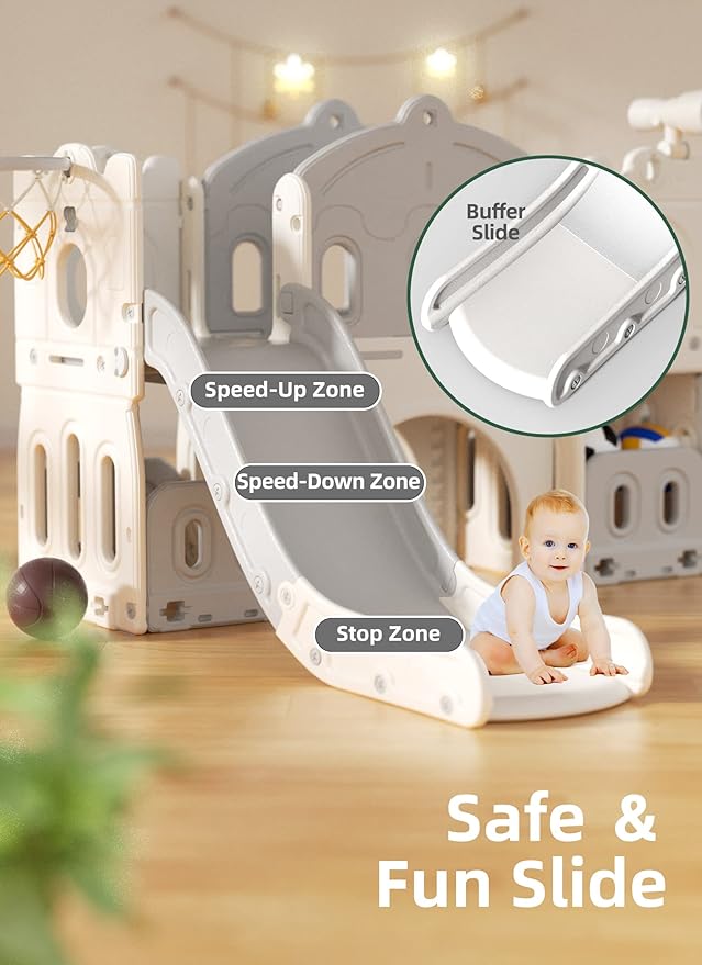 Glaf Toddler Slide 8 in 1 Indoor Playground for Toddlers 1-3 Outdoor Playset Kids Slides for Backyard Baby Slide Climber Slides with Telescope Basketball Hoop Tunnel and Ball (Grey)