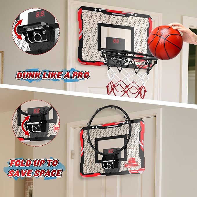 EagleStone Mini Indoor Basketball Hoop with Scoreboard,4 Balls & Pump,Over The Door Bedroom Office Basketball Hoop for 6 7 8 9 10 11 12+ Year Old Kids Boys