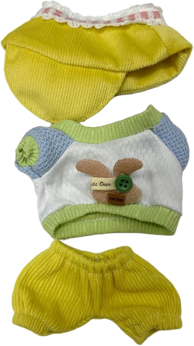 Doll Clothes for 17cm Figures,Pastel Rabbit Motif Top Paired with Yellow Lace-Brimmed Hat