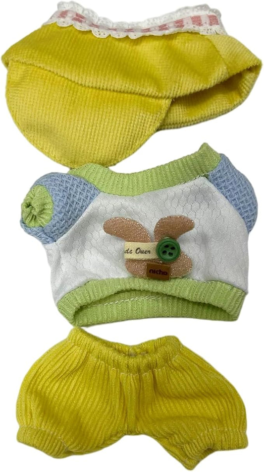 Doll Clothes for 17cm Figures,Pastel Rabbit Motif Top Paired with Yellow Lace-Brimmed Hat