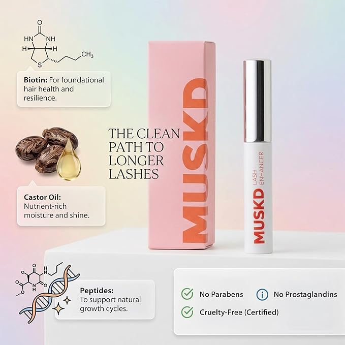MUSKD Eyelash Growth Serum - Lash Enhancer for Longer, Thicker, Fuller Lashes & Brows - Natural, Vegan & Cruelty-Free Eyelash Serum for Lash & Brow Growth, Gentle Formula (3 ML)