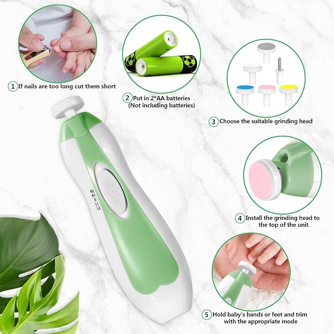 Qunlions life Baby Nail Trimmer Electric, 6 in 1 Baby Nail File Clippers Infant Grooming Kit Manicure Set for Toddler or Adults, Green