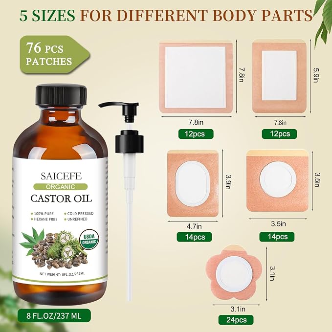 76Pcs Castor Oil Patches with 8oz Castor Oil Organic Cold Pressed Unrefined Glass Bottle, Cotton Caster Oil Pack Wrap for Waist Back Neck Arm Belly, Self-Adhesive Disposable for Convenient Use