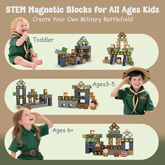 100PCS Magnetic Building Blocks,Magnetic Tiles Military Army Toy for Kids Ages 3 4 5 6 7 8,Stacking Magnets Toys for 4-8 Year Old Boys Girls,STEM Learning Toy Birthday for Toddlers 3-10