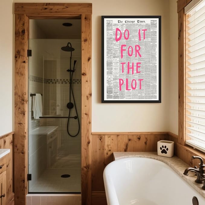 Do It For The Plot Vintage Newspaper Poster Retro Motivational Pink Wall Art Positive Daily Reminder Motivational Quote Print for Bedroom Office Home Decor Aesthetic 24x36inch Black Framed