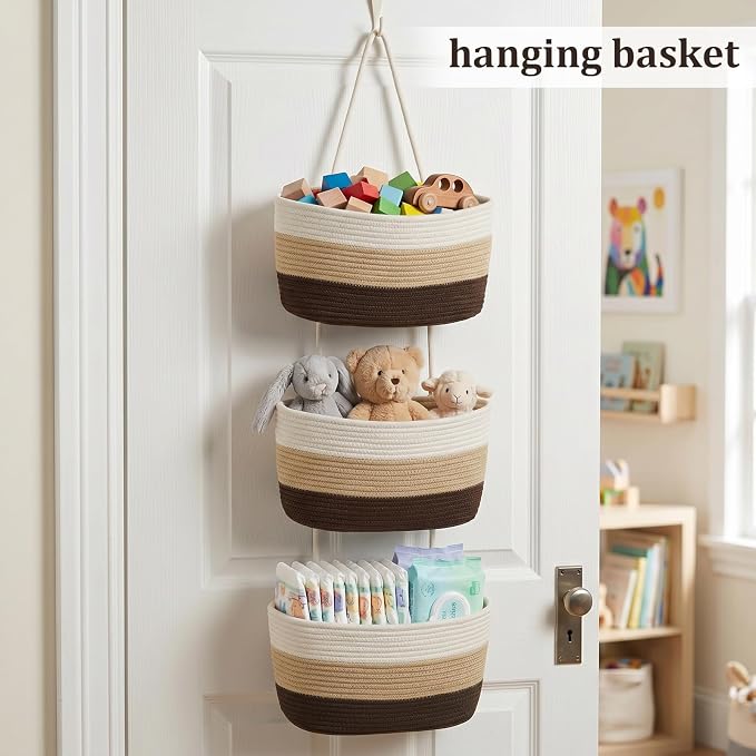 TeoKJ Over the Door Hanging Basket, 3-Tier Woven Cotton Wall-Mounted Storage Organizer Bag Decorative Hanging Nursery Baskets，Gradient Brown