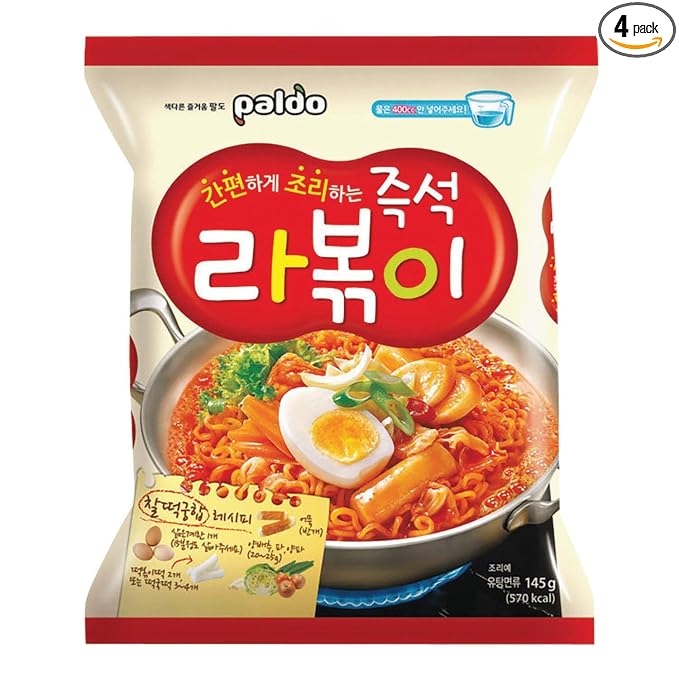 Paldo Korean Noodle Immediate Stirfried Rice Cake with Ramen Noodles 145gPack of 팔도 즉석 라볶이, 5.08 Ounce, (Pack of 4)