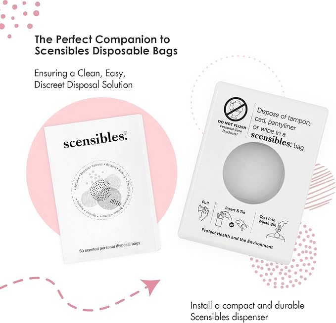 Scensibles Bathroom Dispenser for Menstrual Care Disposal - Bag Dispenser and Refill Boxes - for Tampons, Pads, Other Disposable Hygiene Products (White)