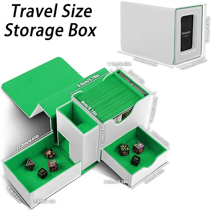 MTG Deck Box for Commander Display with Dice Tower, Fits 100 Double Sleeved Cards for TCG/PTCG, Cards Storage Case with Dice Tray and 35PT Magnetic Card Holder (White/Green)