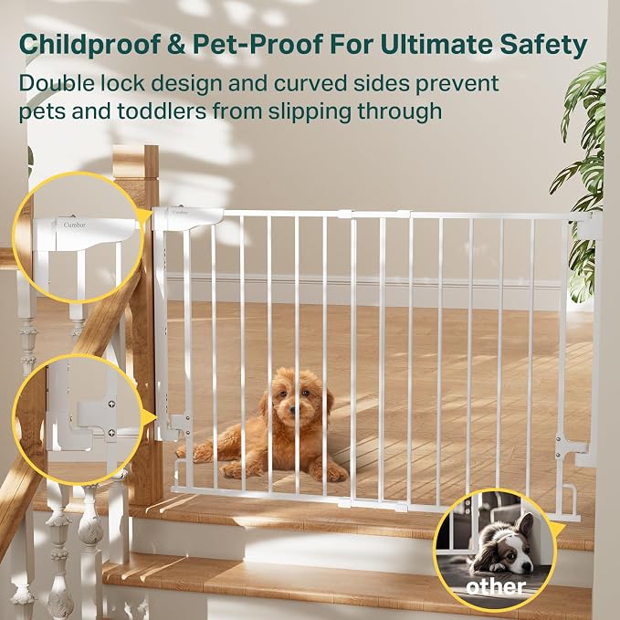 Cumbor 29.2–43" Baby Gate for Stairs, Hardware Mounted (Drill Required), Expandable No Bottom Bar Dog Gate, Auto Close Extra Wide Walk Thru, Pet & Toddler Proof Gate, Top & Bottom of Stairways (White)