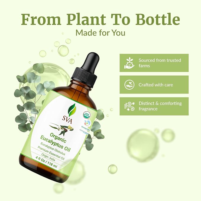 SVA Organic Eucalyptus Essential Oil with Dropper, 4 Fl Oz (118 mL) | Organic Eucalyptus Oil for Diffuser, Humidifier, Spa, Sauna, Hair, Skin, Massage, Soap Making, Candle Making & DIY Projects