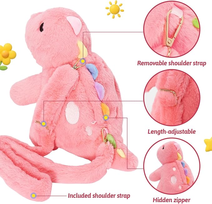 OUOZZZ Pink Dinosaurs Stuffed Animals with 4 Babies Inside - Girl Dinosaur Toy for Girls Dinosaur Plush Birthday Toddler with Shoulder Strap