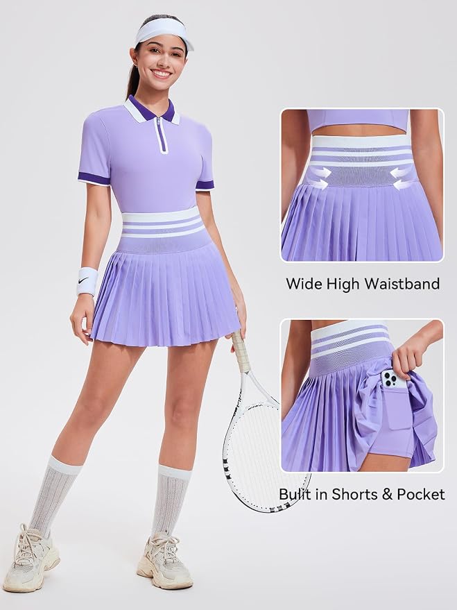 Tennis Skirt Sets for Women Zipper Color Block High Waisted Golf Polo Two Piece Skirt Set Women 2 Piece Outfits