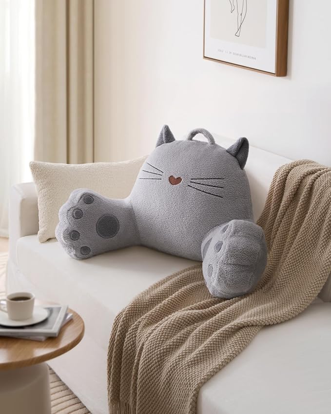 Blissful Diary Kitty Reading Pillow for Kids/Teens/Adults, Back Rest Pillow for Sitting Up in Bed with Shredded Memory Foam, Includes Arms and Washable Cover, Light Gray
