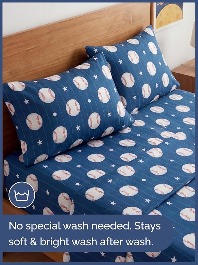 CGK Unlimited Kids Baseball Queen 4 Piece Sheet Set - Boys, Girls, Teens, Toddler - Easy Fit Deep Pockets - Ultra Soft, Cooling & Breathable Sheets - Cute, Cozy, Fade & Wrinkle Free - Machine Washable