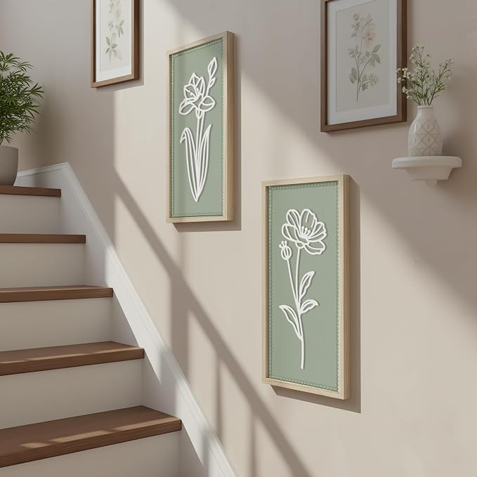 Sage Green Bathroom Wall Decor Set of 2, Framed 3D Wooden Floral Wall Art | Raised white floral cutouts in rectangular frames, ready to hang; rustic boho farmhouse decor for bedroom and hallway walls