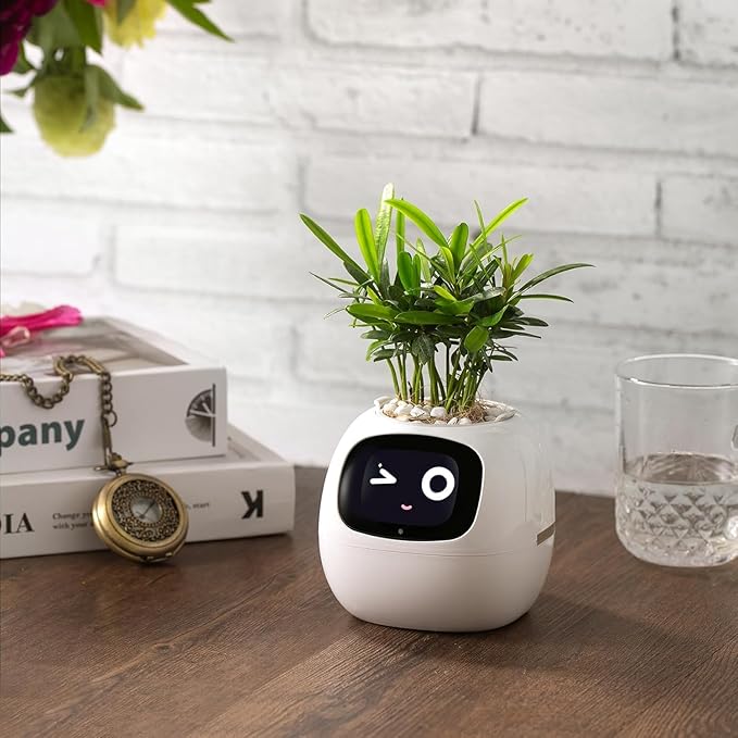 Ivy Intelligent Flower Pot for Home Decoration Plants Companion Neat Desk Setup Gift Smart Pet Planter Robot Guidance on Plant Care with Emojis Pet Friends (Green)