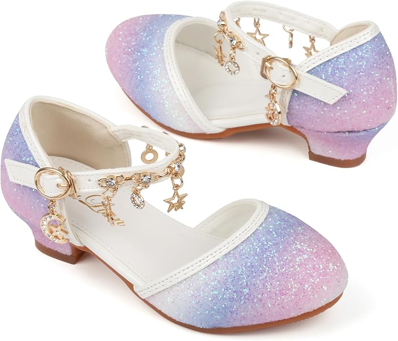 ChuLian Girls Dress Shoes Glitter Sequins Princess Low Heels Party Dance Shoes Party Wedding Flower Girls Sandals