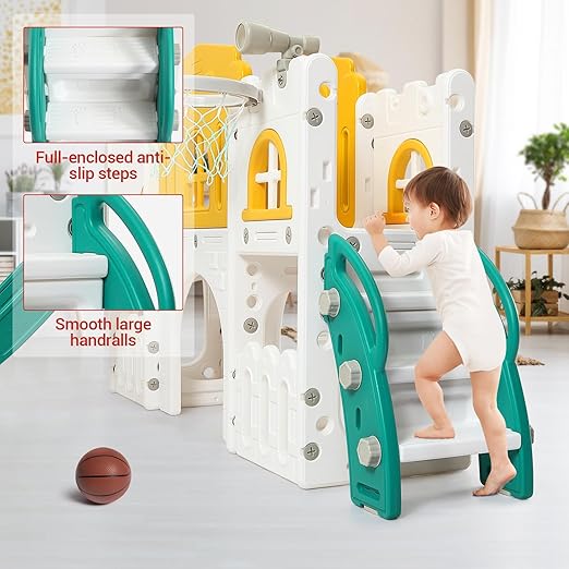 8-in-1 Toddler Slide & Climber Playset for Kids 1-3 Years, Indoor Outdoor Activity Center with Basketball Hoop, Tunnel, Telescope, Steering Wheel & Storage, Safe HDPE Backyard Fun House