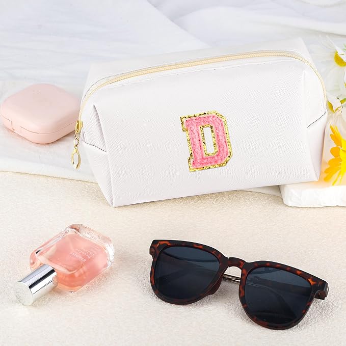 URSKYTOUS Initial Makeup Bag Personalized Preppy Travel Small Cosmetic Bag Cute PU White Chenille Letter Makeup Pouch for Purse Waterproof Zippered Toiletry Organizer for Women Girls Kids Friends (D)