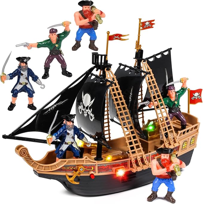 Toy Pirate Ship Boat Adventure Playset with Lights Sounds Action Figures, Black, Boys, Ages 3+