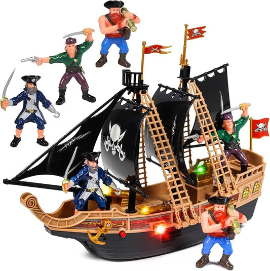 Toy Pirate Ship Boat Adventure Playset with Lights Sounds Action Figures, Black, Boys, Ages 3+